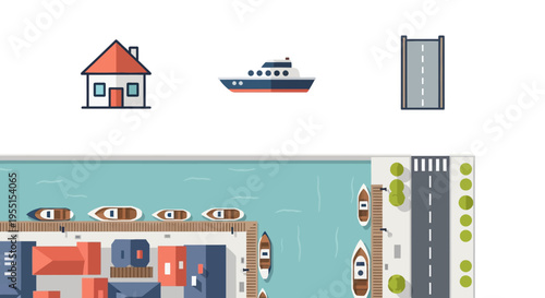Coastal urban planning elements: house, boat, and road in flat design