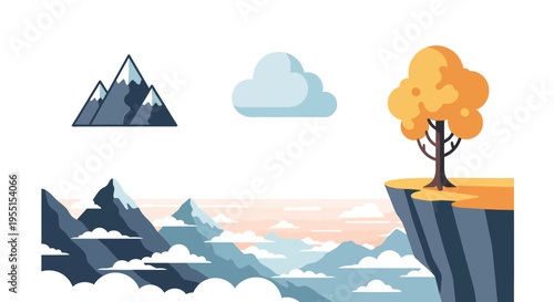 Scenic landscape with mountains, cliff, and autumn tree in flat design