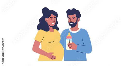 Happy expectant couple with baby bottle in flat style