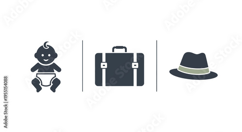 Baby and travel icons with vintage style hat design for versatile concepts