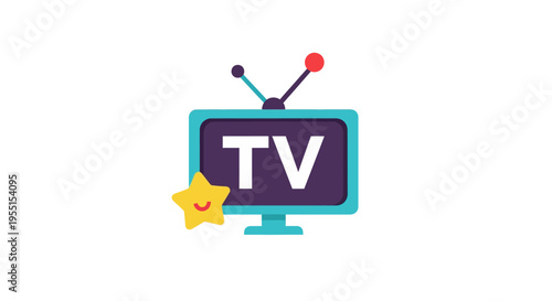 Colorful retro television icon with antenna and star element on white background