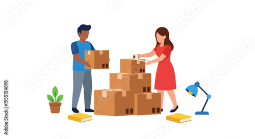 Teamwork in moving and packing boxes - diverse colleagues organizing office supplies