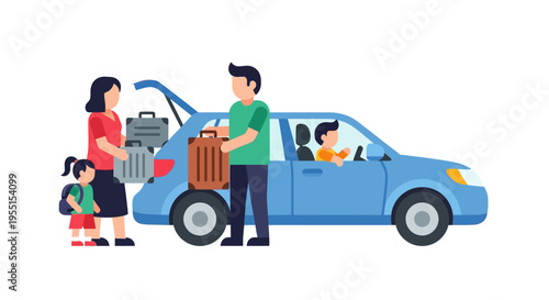Family preparing for road trip with packed car in flat design art style