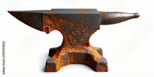 Rusty anvil isolated. Metalwork tool shows age, wear. Black surface contrasts white background. Solid construction, heavy object.