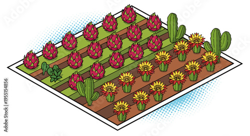 Isometric cactus and flower garden with dragon fruit rows