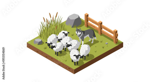 Isometric herd of sheep with wolf on pasture in 3d farm landscape