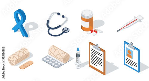 Medical equipment and healthcare essentials in isometric design