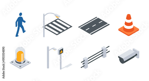 Isometric urban road elements: signs lights barriers camera and