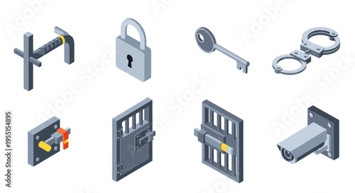 Isometric security icon set with lock key handcuffs and cctv camera