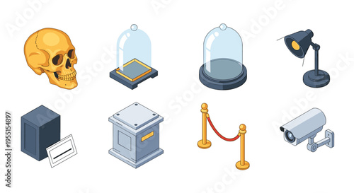 Museum artifact display elements with isometric design and security