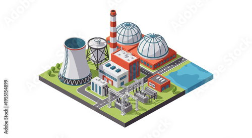 Isometric power plant complex with cooling towers and industrial