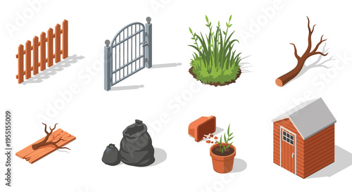 Isometric garden tools and structures: fence gate shed plants and more