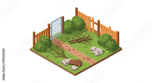 Isometric garden scene with wooden fence and greenery rustic path and