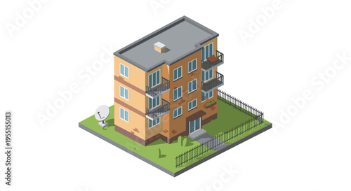 Isometric apartment building with balcony and garden