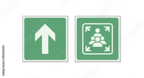 Emergency evacuation arrows and assembly point signs for safety