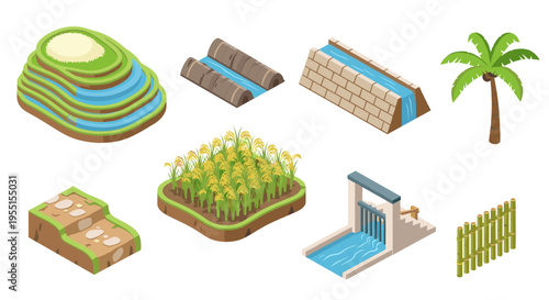 Isometric agricultural elements: rice paddies irrigation and farming