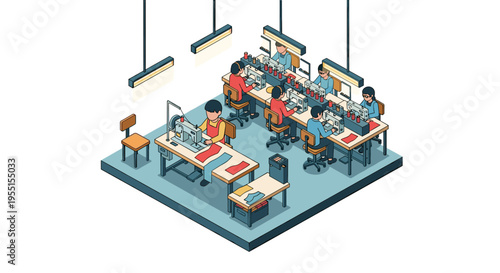 Isometric seamstress workshop: skilled artisans crafting in modern