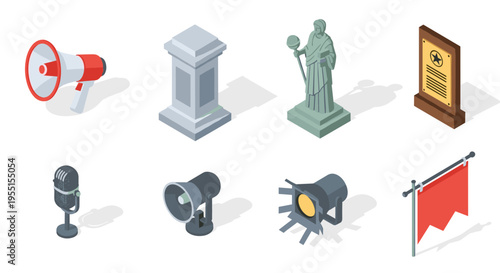 Isometric icons of communication and symbolic elements in modern