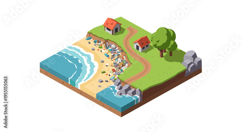 Coastal landscape isometric design with beach houses and trees