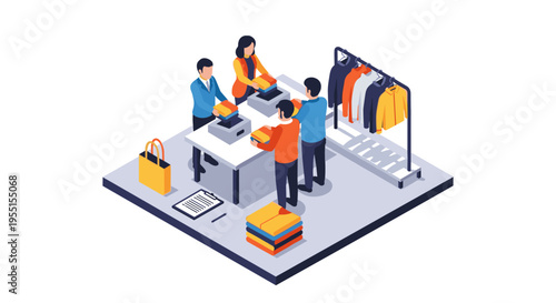 Isometric shopping scene with customers at checkout in modern apparel