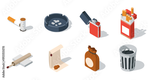 Isometric icons of smoking and waste: cigarettes ashtray lighter trash
