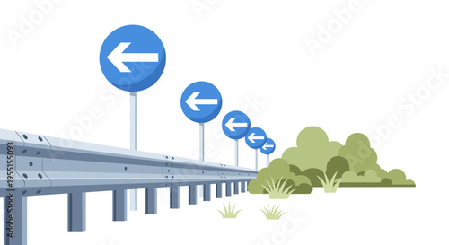 Isometric roadside with arrow signs and bushes in flat design