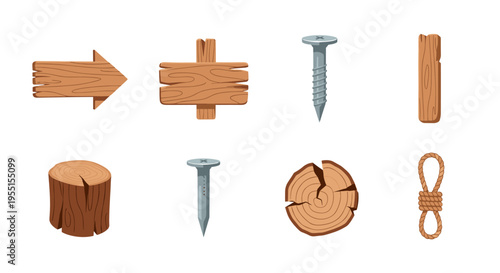 Wood and metal icon set featuring arrows screws and rope on white