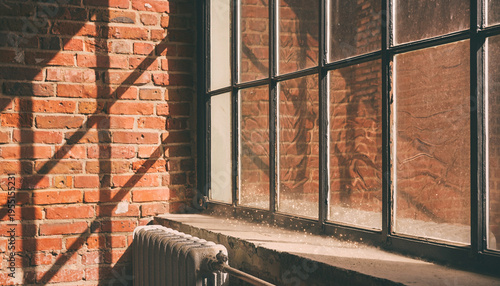 Early morning light streams into an old building, creating dramatic shadows across a textured brick wall and multi-pane window