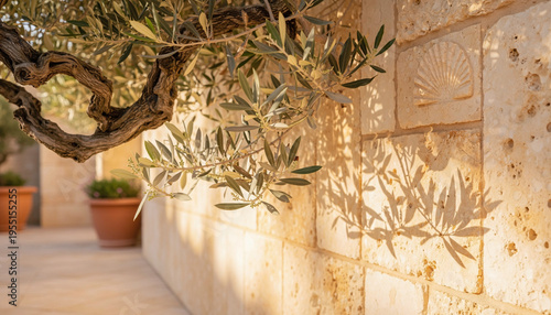 Sun-drenched olive leaves cast intricate shadows on a rustic stone wall, evoking Mediterranean charm and tranquility