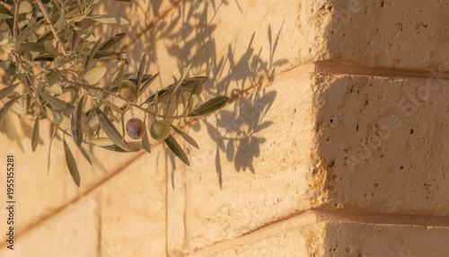 Sun-kissed olive branches with ripening fruit casting deep, artistic shadows on a warm, textured stone wall surface