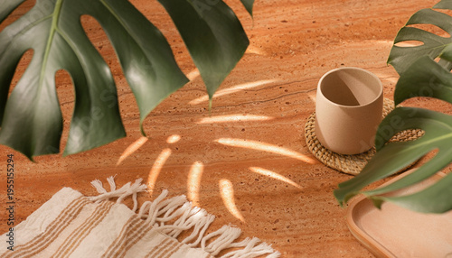 Sunlit Monstera leaves, dappled shadows, natural ceramic, and soft textile on a warm textured surface create a serene tropical ambiance