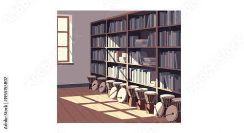 Cozy library room with drums and bookshelves in warm sunlight