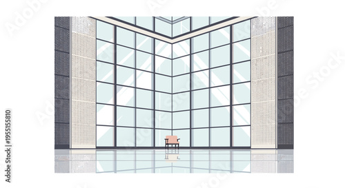 Minimalist office interior with large windows and modern furniture