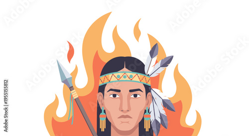 Native american warrior portrait with flames and spear