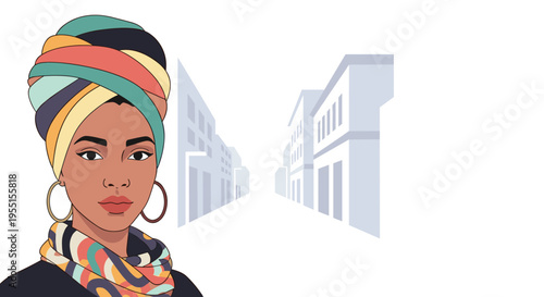 Colorful head wrap with urban background in minimalist style