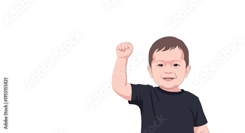Happy child raising arm in flat style against white background