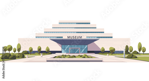 Modern museum architecture with geometric facade and landscaping