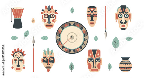 Traditional african mask set with geometric patterns and cultural