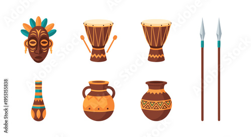 Traditional african symbols: masks drums spears and ceramics in a