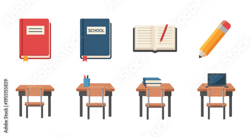 School supplies and desks: back to school essentials in flat design