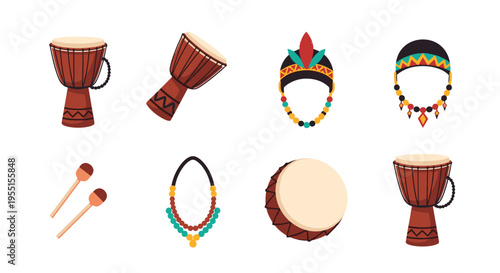 Traditional drums and accessories collection with cultural headpieces