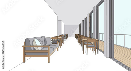Elegant linear interior design of modern balcony cafe with wooden