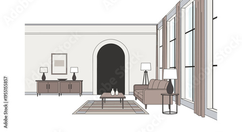 Minimalist living room with neutral tones and modern furniture design