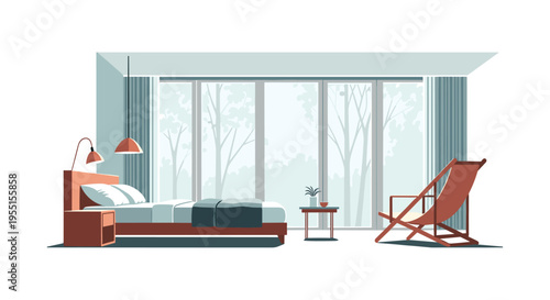 Cozy minimalist bedroom with large windows and lounge chair in soft