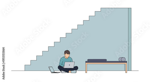 Minimalist workspace design with person under stairs using laptop