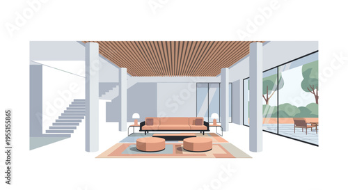 Modern living room with minimalist interior design and large windows