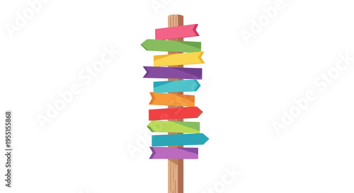 Colorful directional signpost with wooden pole and vibrant arrows