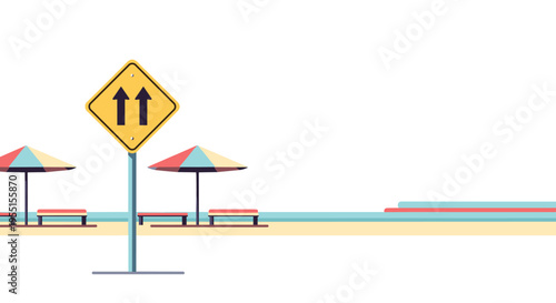 Stylized beach scene with road sign and colorful umbrellas in