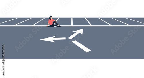 Woman sitting on road with direction arrows indicating choices and