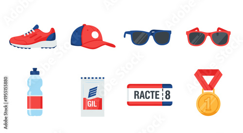 Flat sports accessories set: shoes cap sunglasses bottle medal ticket